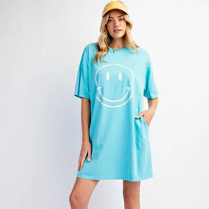 New Easel Blue Smile Face Short Sleeve T-Shirt Dress